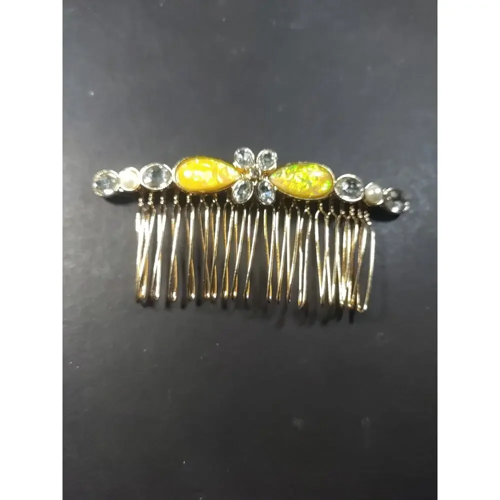 Hair Comb Barrette Rhinestone Faux Pearl Yellow Gold Tone Spring Feminine Party